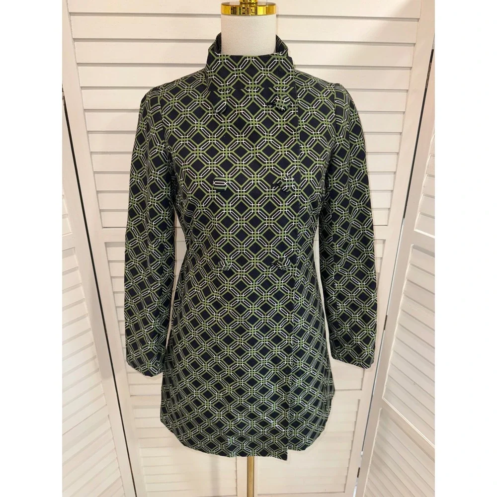 Banana Republic Trench Coat Women Green Navy Geometric Print XS